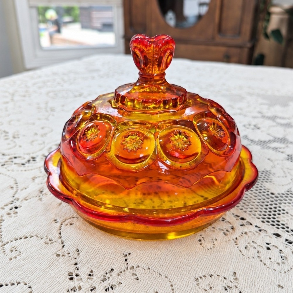 Vintage Butter Dish Amberina LE Smith Moon and Stars UV Reactive